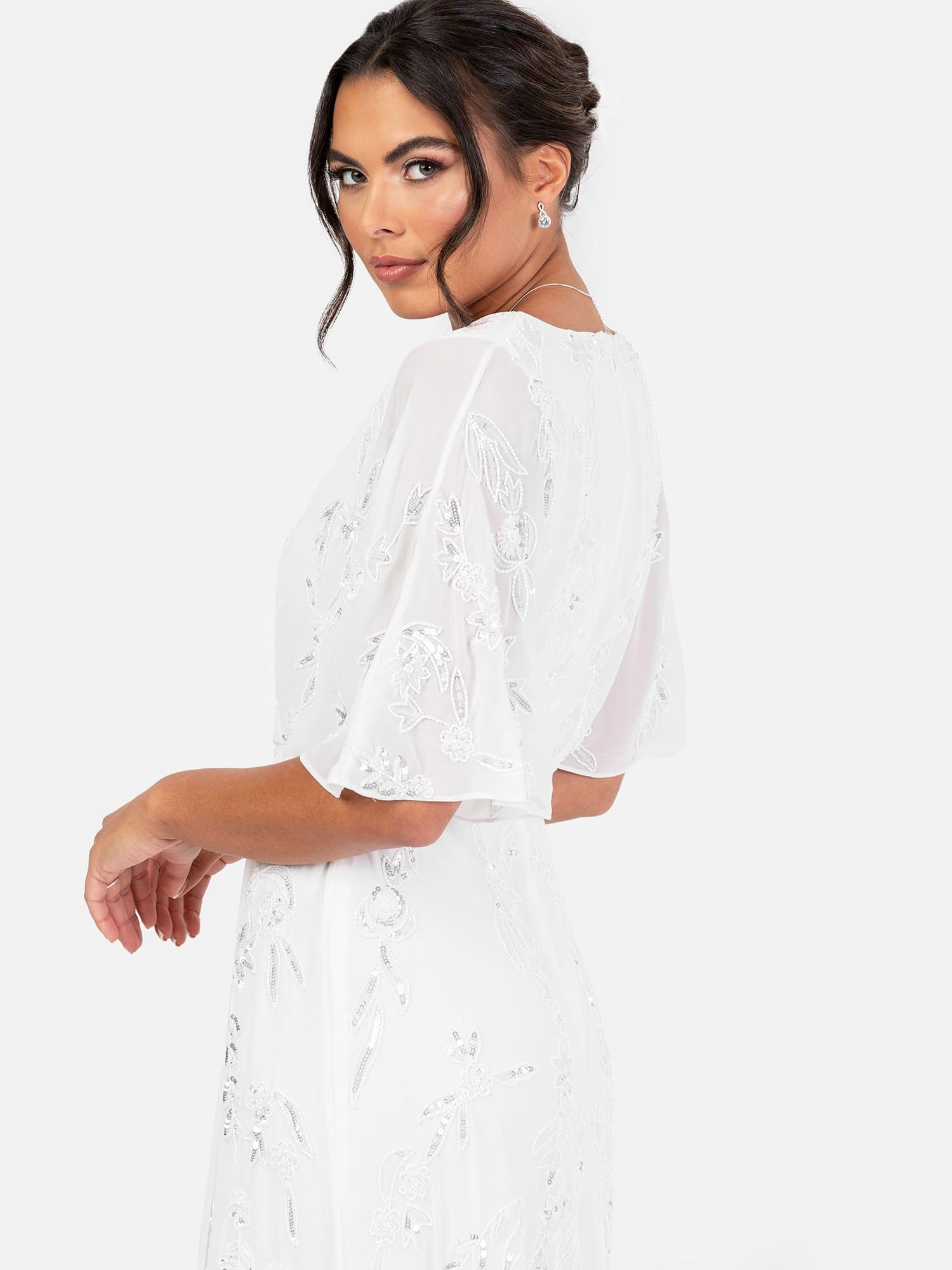 Maya Deluxe Maya Deluxe Women's Bridal Floral Embellished Cape Sleeve Faux Wrap Maxi Dress in White - 4