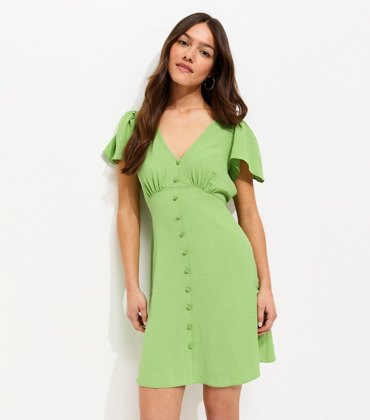 New Look Women's Petite Green Flutter Sleeve Mini Tea Dress New Look