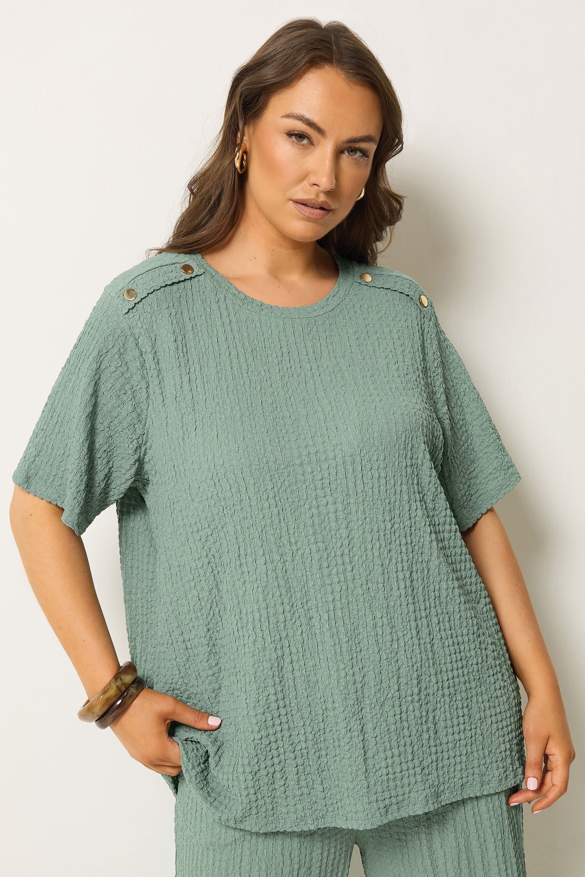 Yours Plus Size Sage Green Button Detail Bubble Texture Top