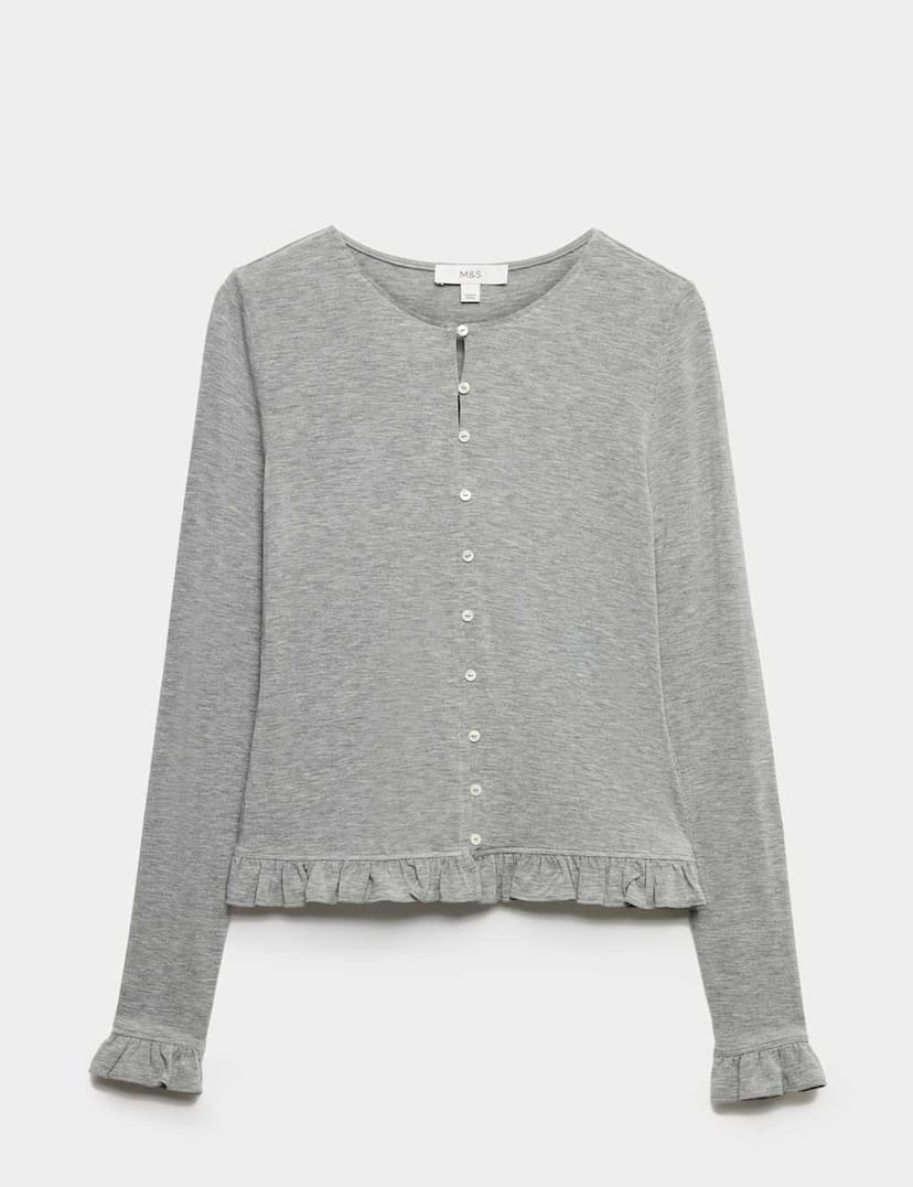 Marks & Spencer M&S Ruffle Button Through Cardigan Charcoal - 1