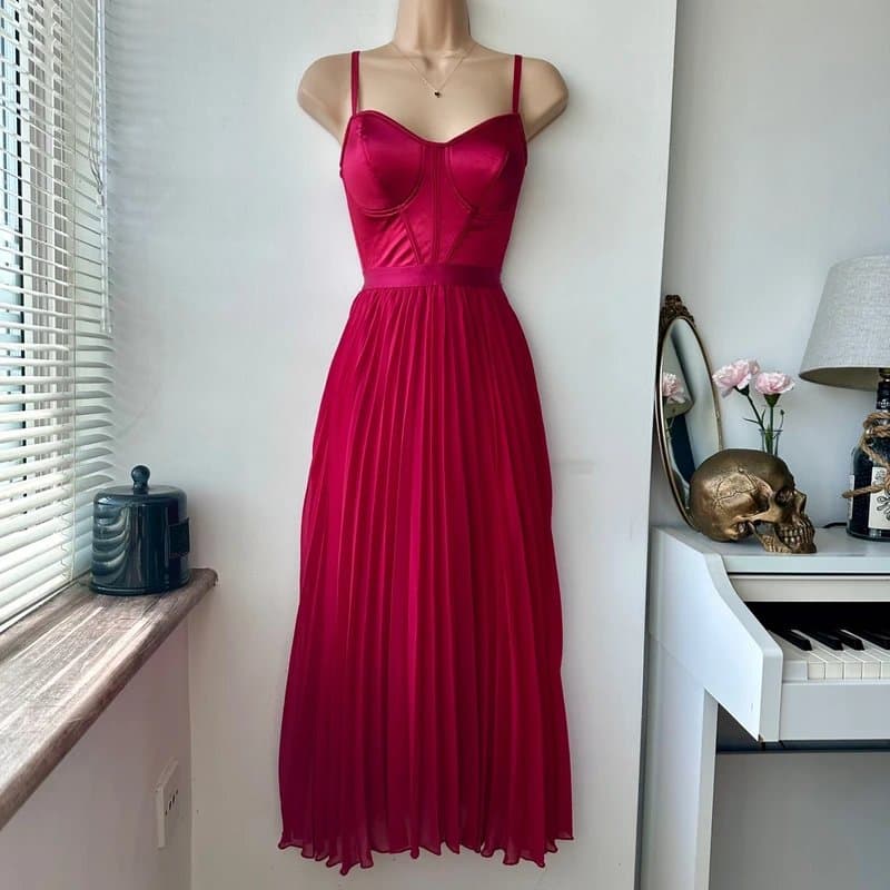 New Look New Look Raspberry Red Corset Pleated Midi Dress Size 6