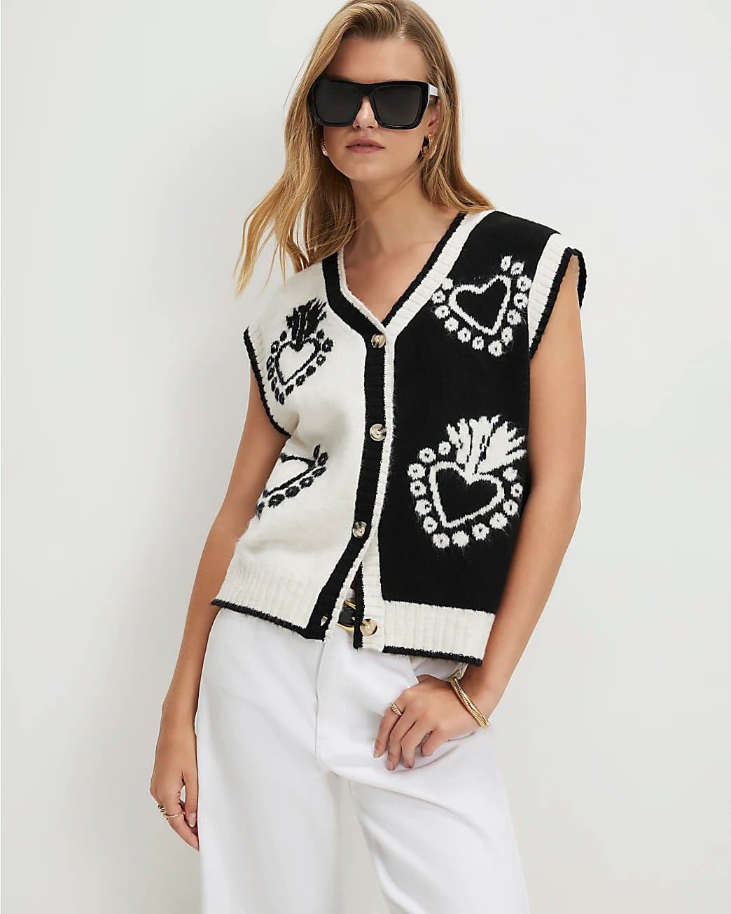 River Island River Island Womens Black Monochrome Knitted Heart Waistcoat