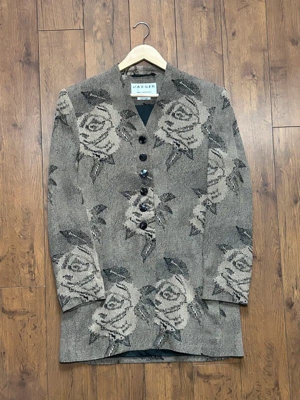 Jaeger Vintage Jaeger Blazer Jacket UK 12 Brown Floral Button Up Mid Length Coat C7