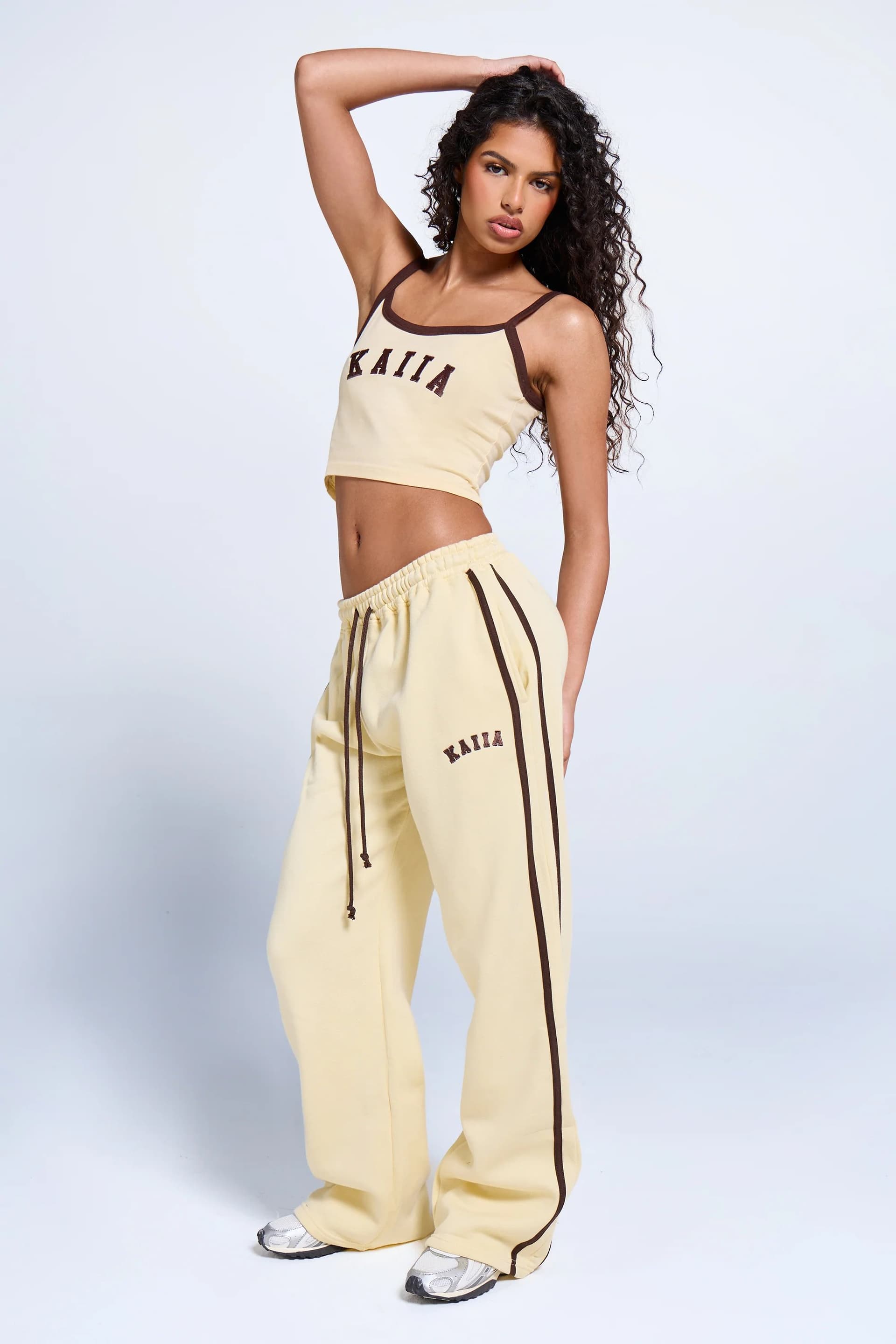 Kaiia Kaiia Logo Side Stripe Wide Leg Joggers Butter Yellow & Brown