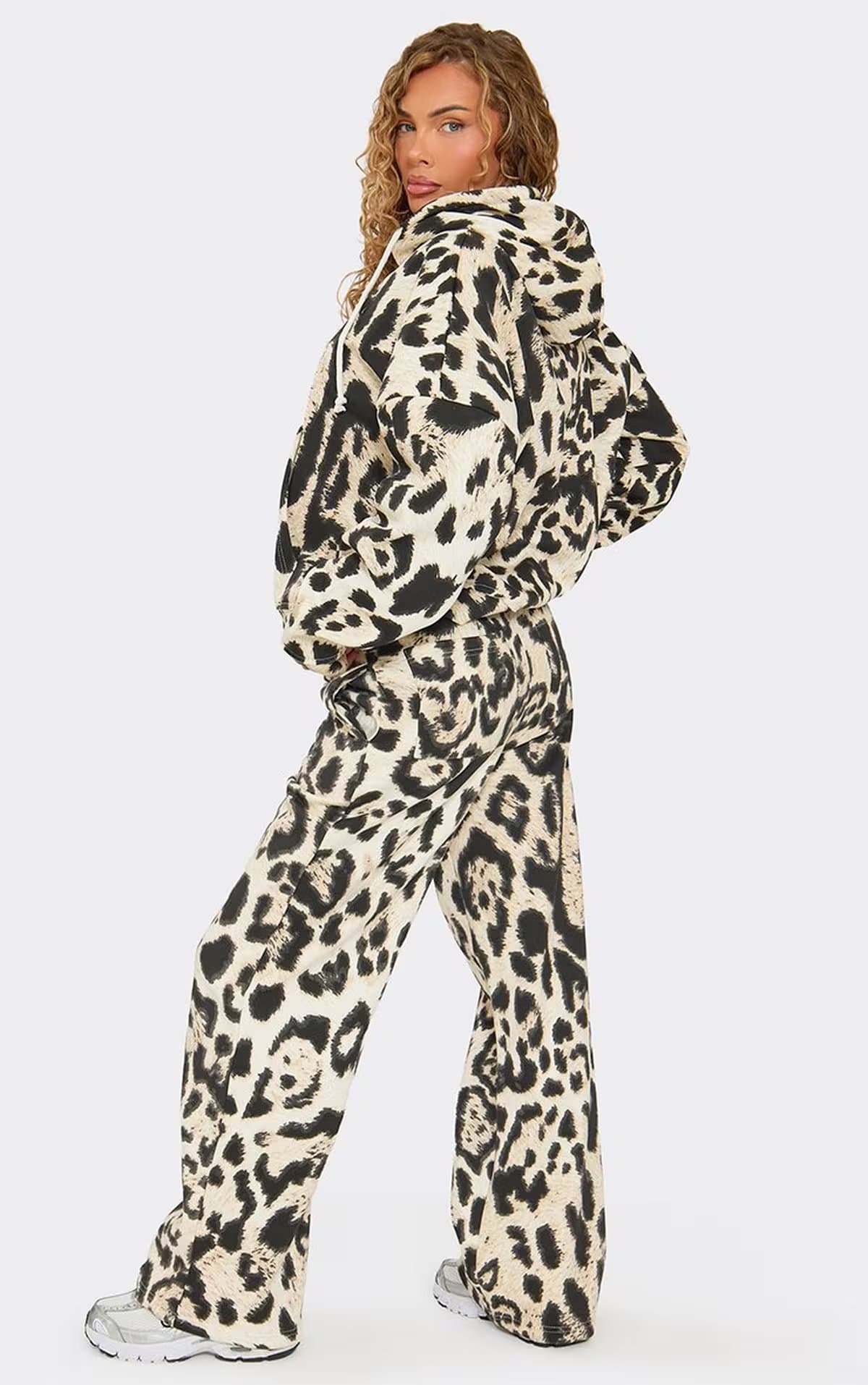 EGO Mid Rise Wide Leg Joggers In Brown Leopard Print, Women's Size UK 6
