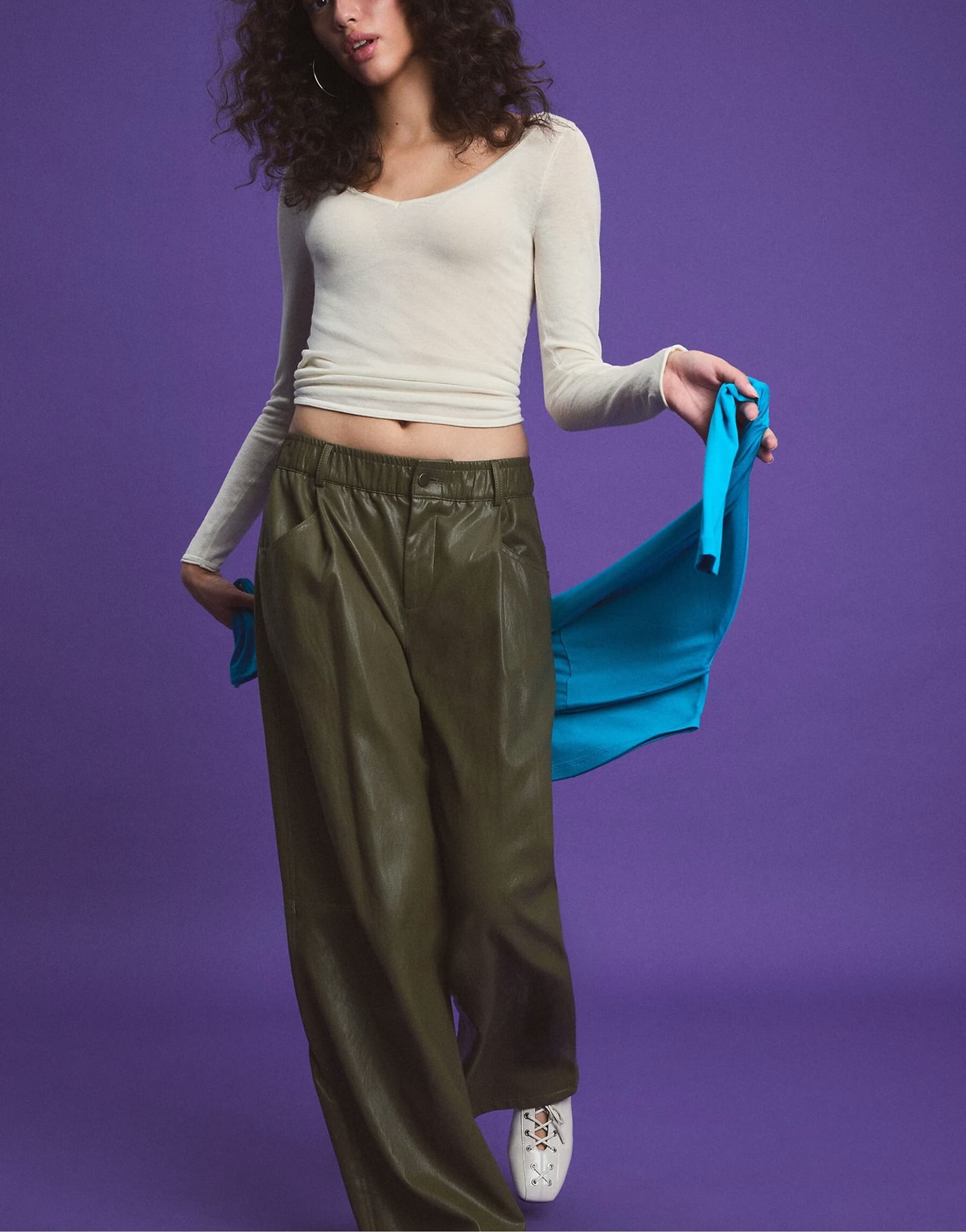 ASOS Stradivarius Leather effect pleat-detail trousers in khaki