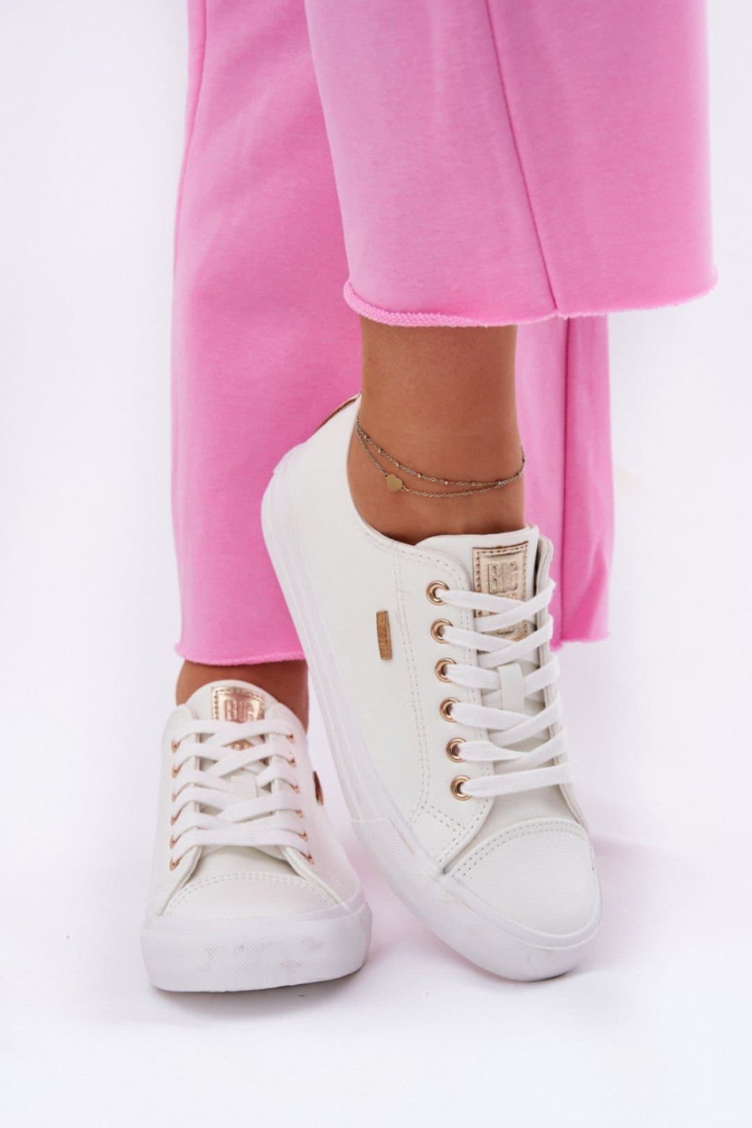 Love Lace Love Lace White Big Star Sneakers with Golden Accents