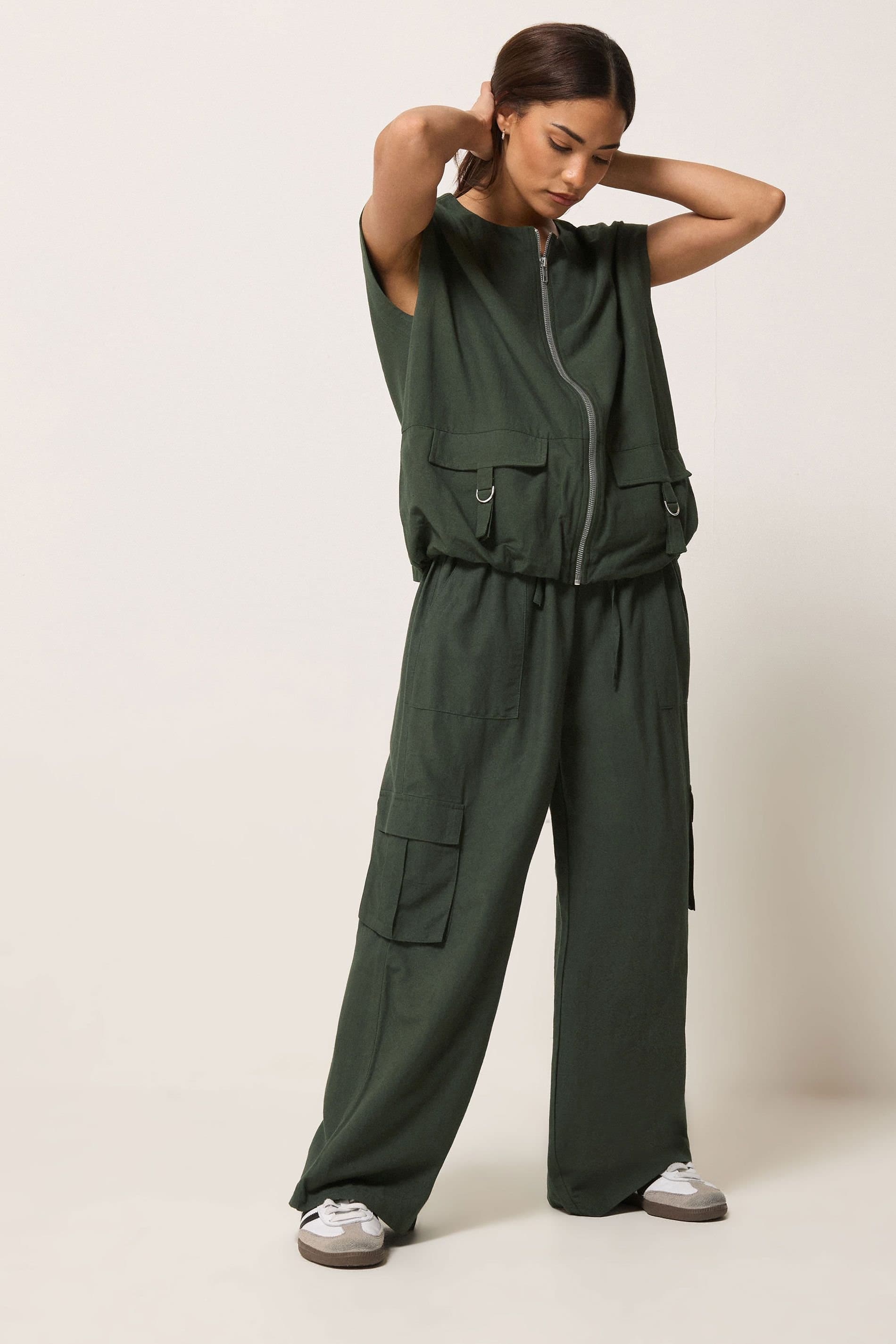 PixieGirl PixieGirl Women's Petite Cargo Gilet & Wide Leg Trousers Set in Dark Green