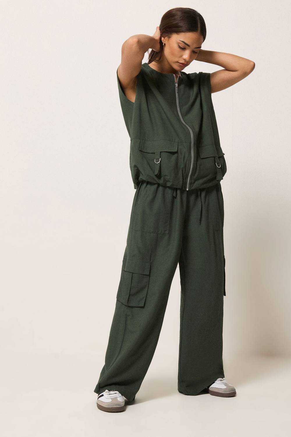 PixieGirl PixieGirl Women's Petite Cargo Gilet & Wide Leg Trousers Set in Dark Green - 2