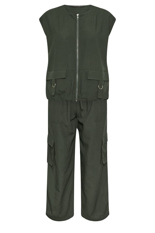 PixieGirl PixieGirl Women's Petite Cargo Gilet & Wide Leg Trousers Set in Dark Green - 2