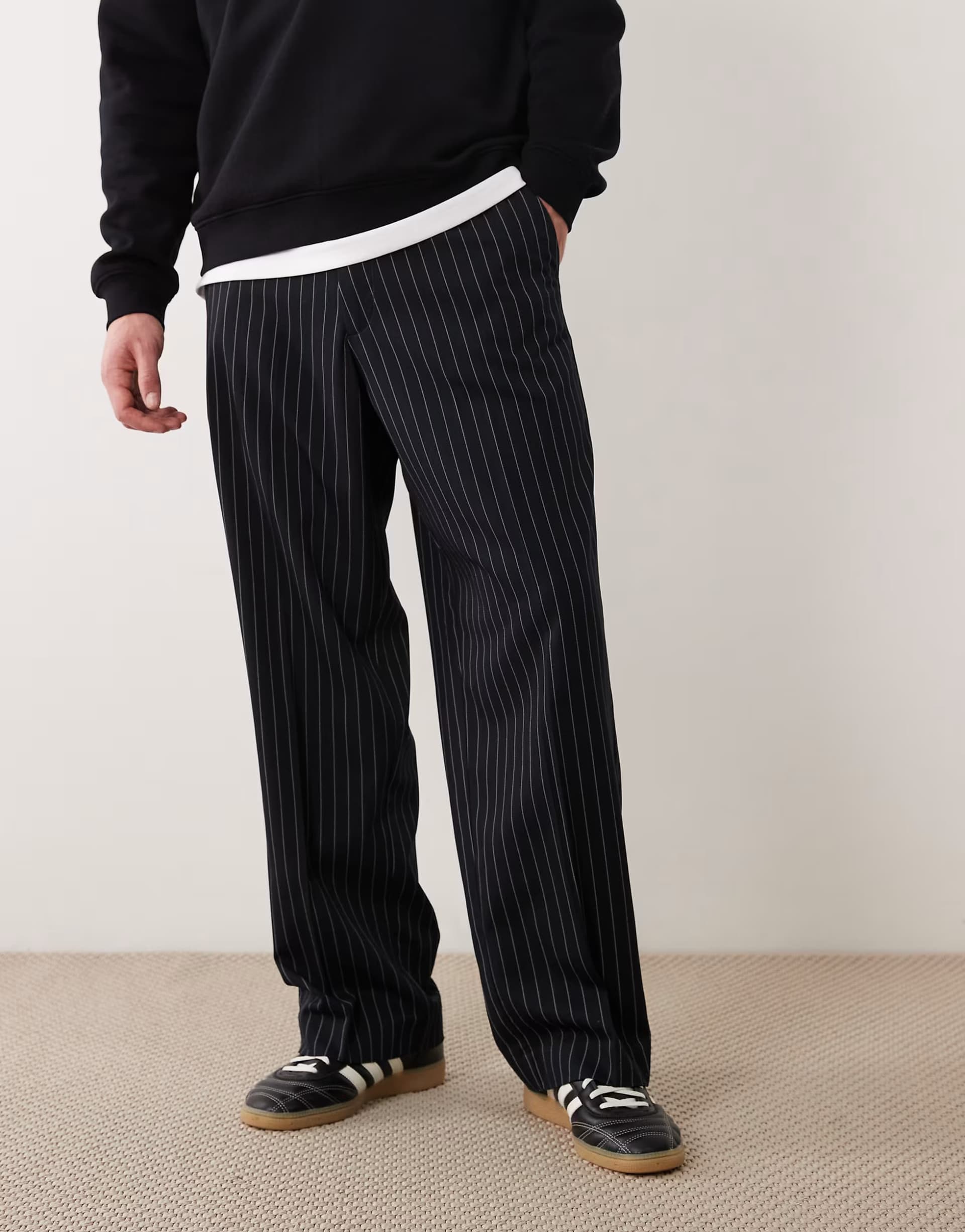 ASOS Jack & Jones wide fit tailored stripe trousers in navy
