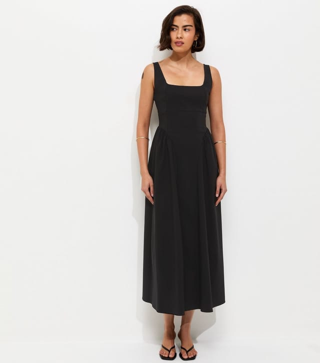 New Look Women's Black Square Neck Gathered Hips Midi Dress New Look - 3