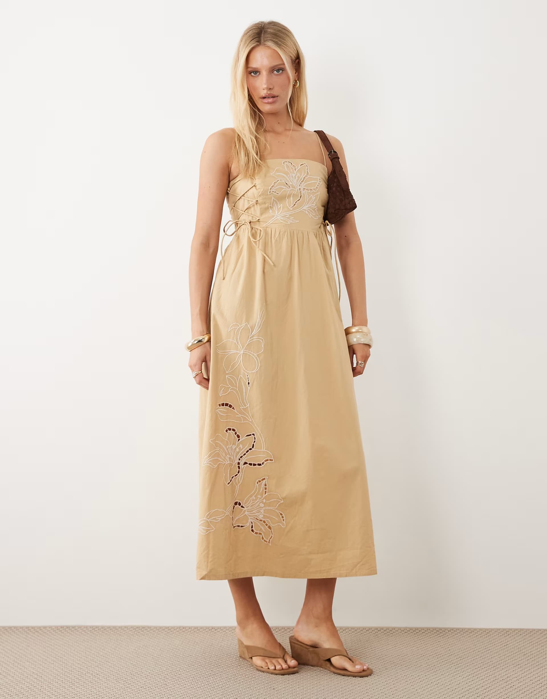 ASOS River Island tie side floral embroidered midi dress in stone