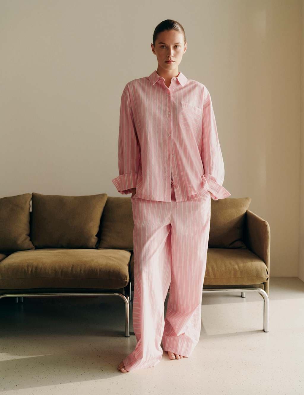 Marks & Spencer M&S Pure Cotton Cambric Striped Pyjama Bottoms Pink Mix