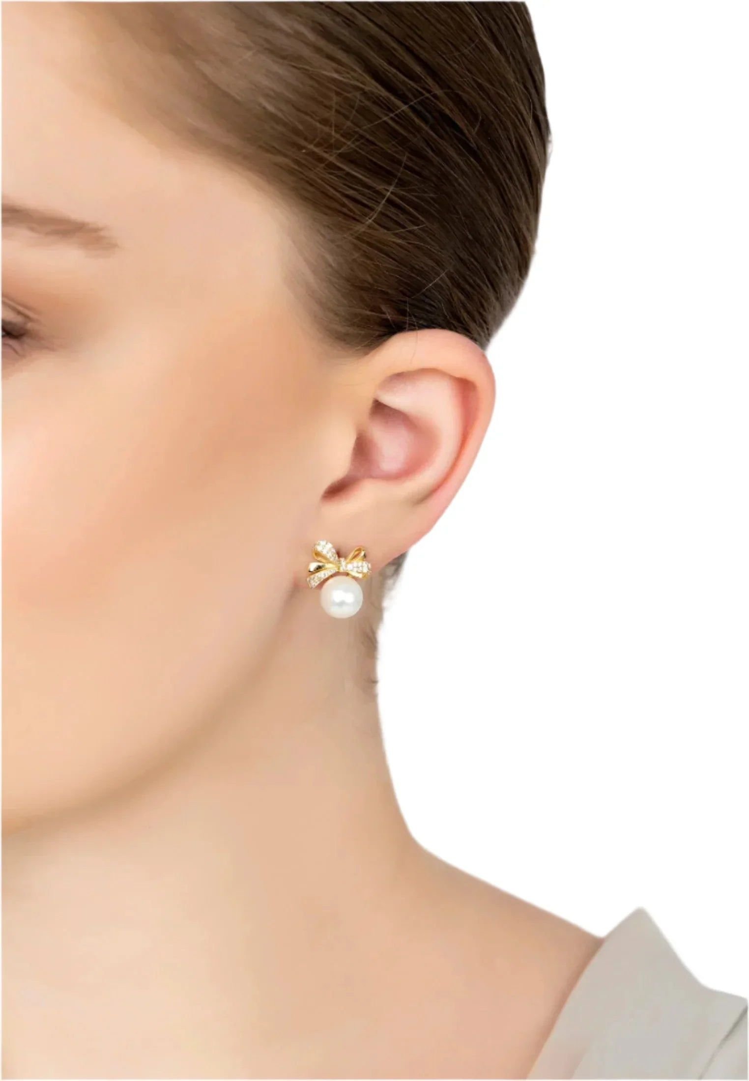 Latelita Latelita Women's Ribbon Bow Pearl Stud Earrings Gold in White - 2