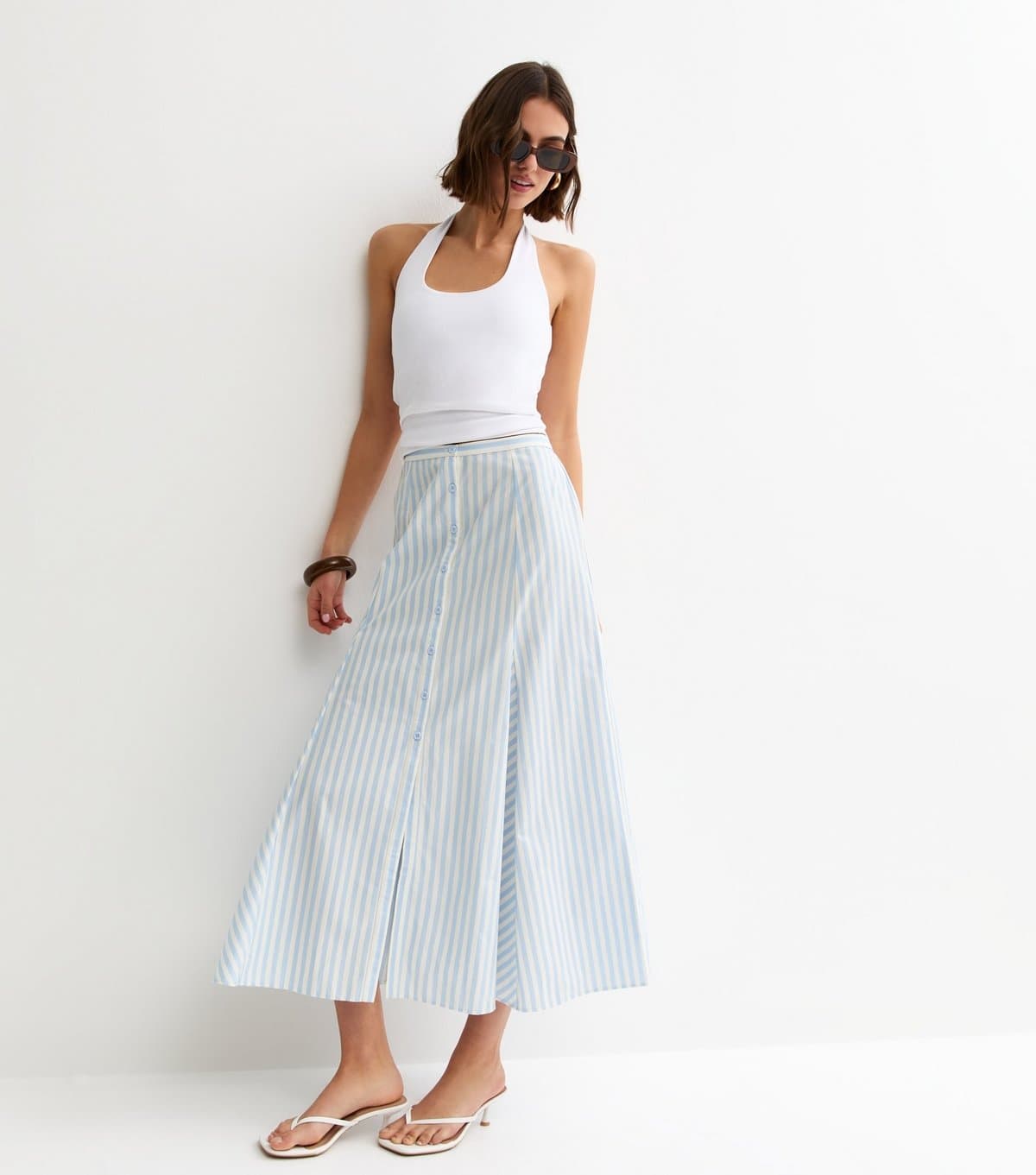 New Look Women's Blue Striped Cotton Button Through Midi Skirt New Look
