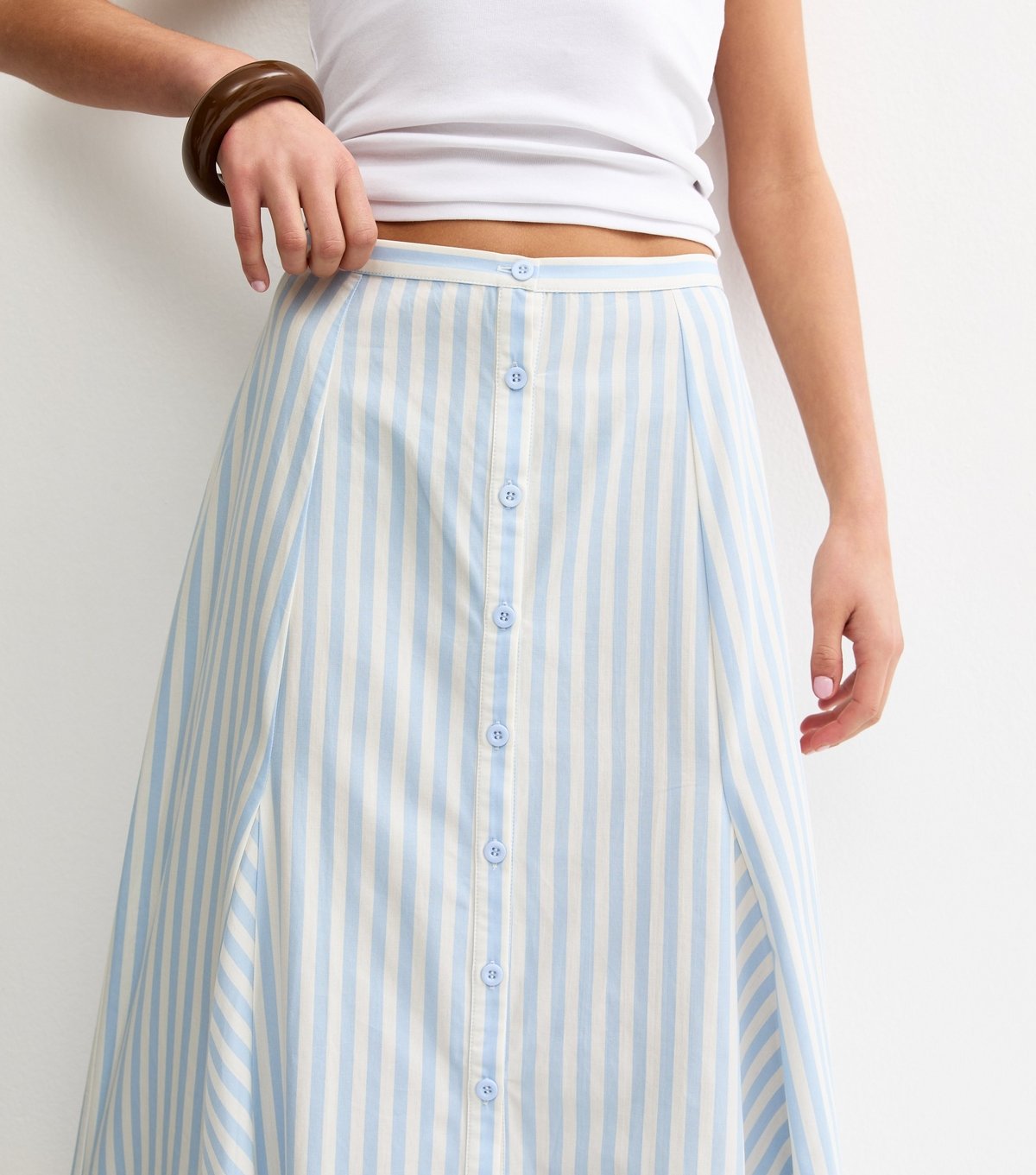 New Look Women's Blue Striped Cotton Button Through Midi Skirt New Look - 2