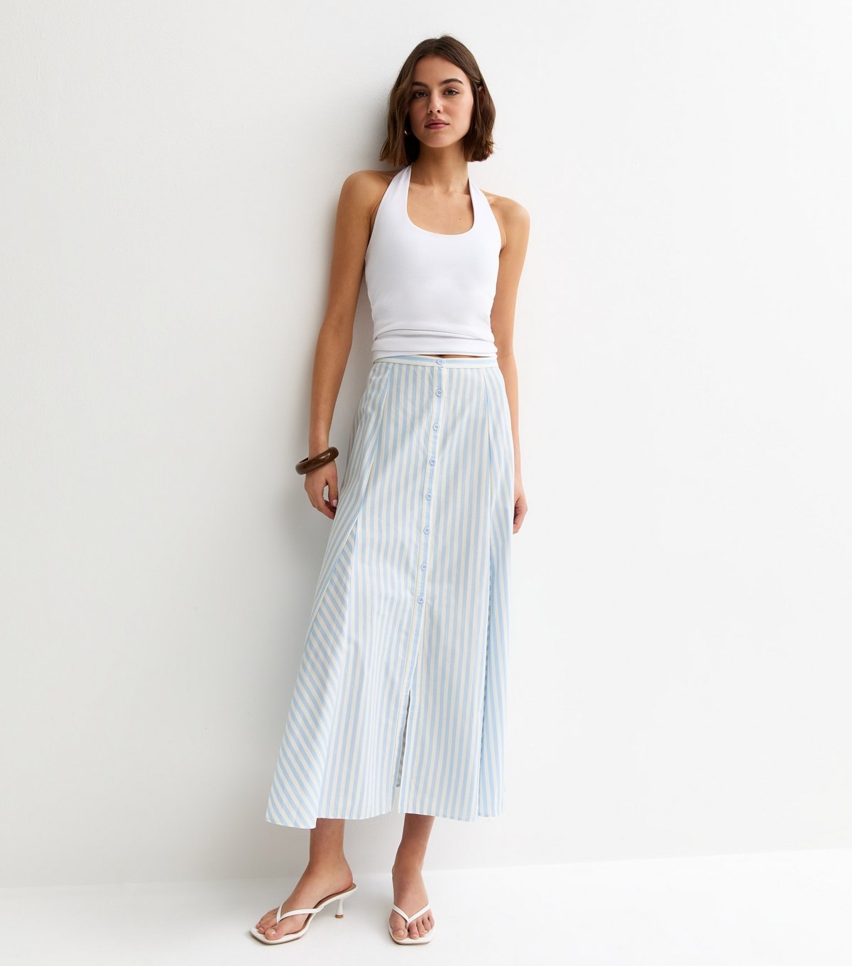 New Look Women's Blue Striped Cotton Button Through Midi Skirt New Look - 3