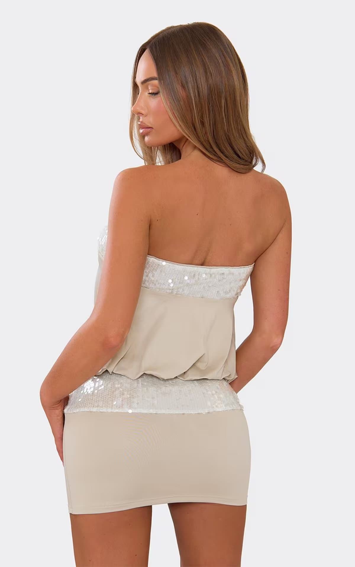 EGO Bandeau Contrast Sequin Blouson Mini Dress In Stone, Women's Size UK 6