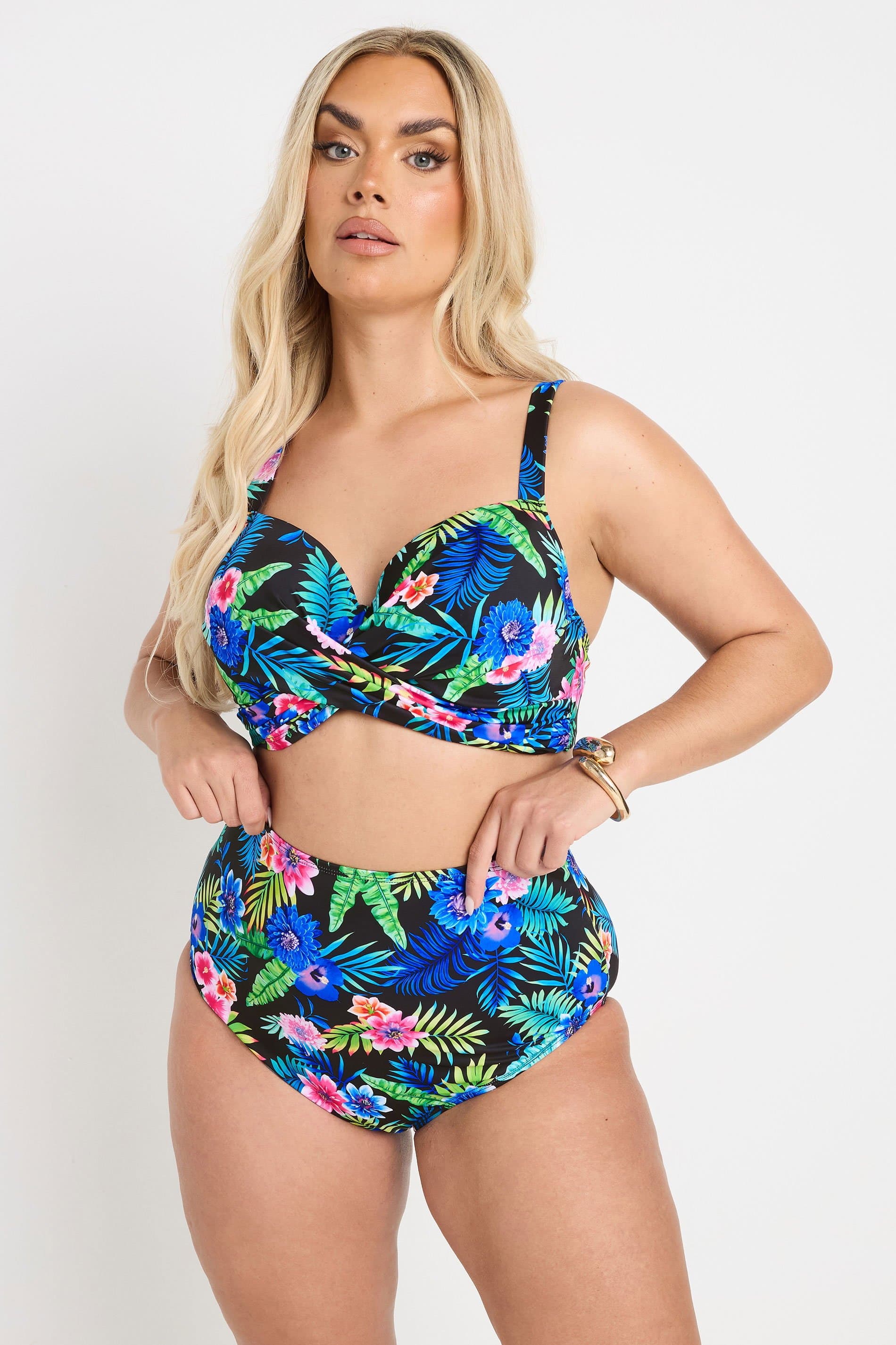 Yours Plus Size Black Tropical Floral Print High Waisted Bikini Briefs