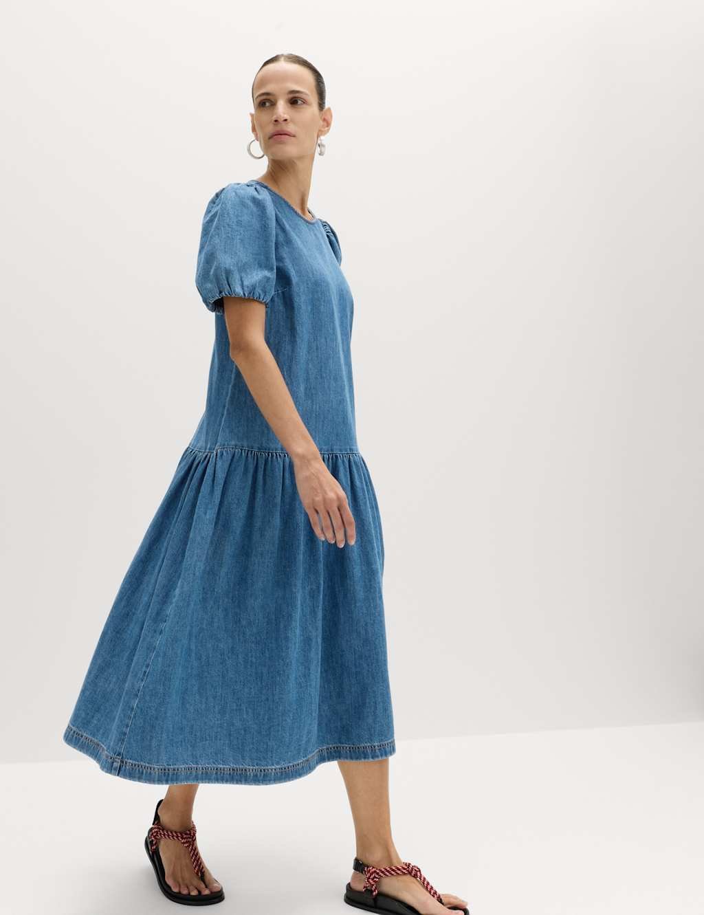 Marks & Spencer M&S Denim Puff Sleeve Midi Drop Waist Dress Denim - 3