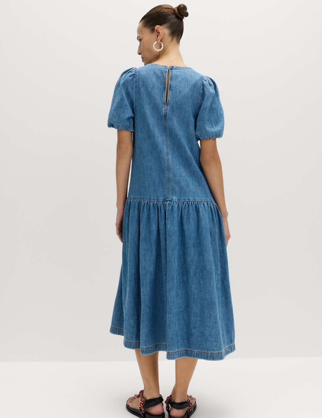 Marks & Spencer M&S Denim Puff Sleeve Midi Drop Waist Dress Denim - 4