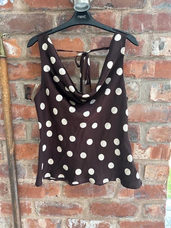 New Look New look Burgundy polka dot print satin cowl neck top size 12