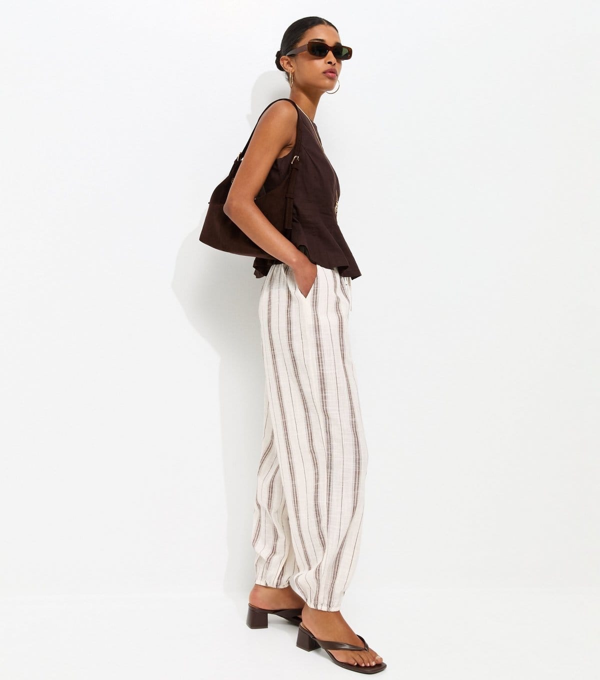 New Look Women's Brown Cotton Striped Slub Cuff Trousers New Look - 1