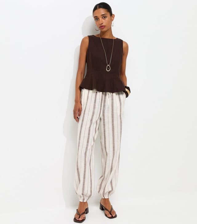 New Look Women's Brown Cotton Striped Slub Cuff Trousers New Look - 3