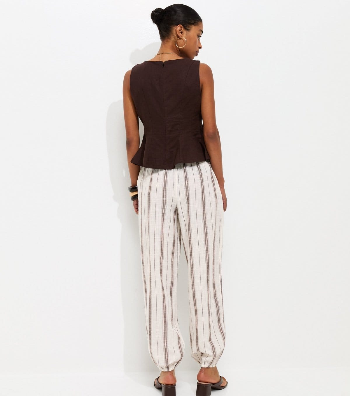 New Look Women's Brown Cotton Striped Slub Cuff Trousers New Look - 4