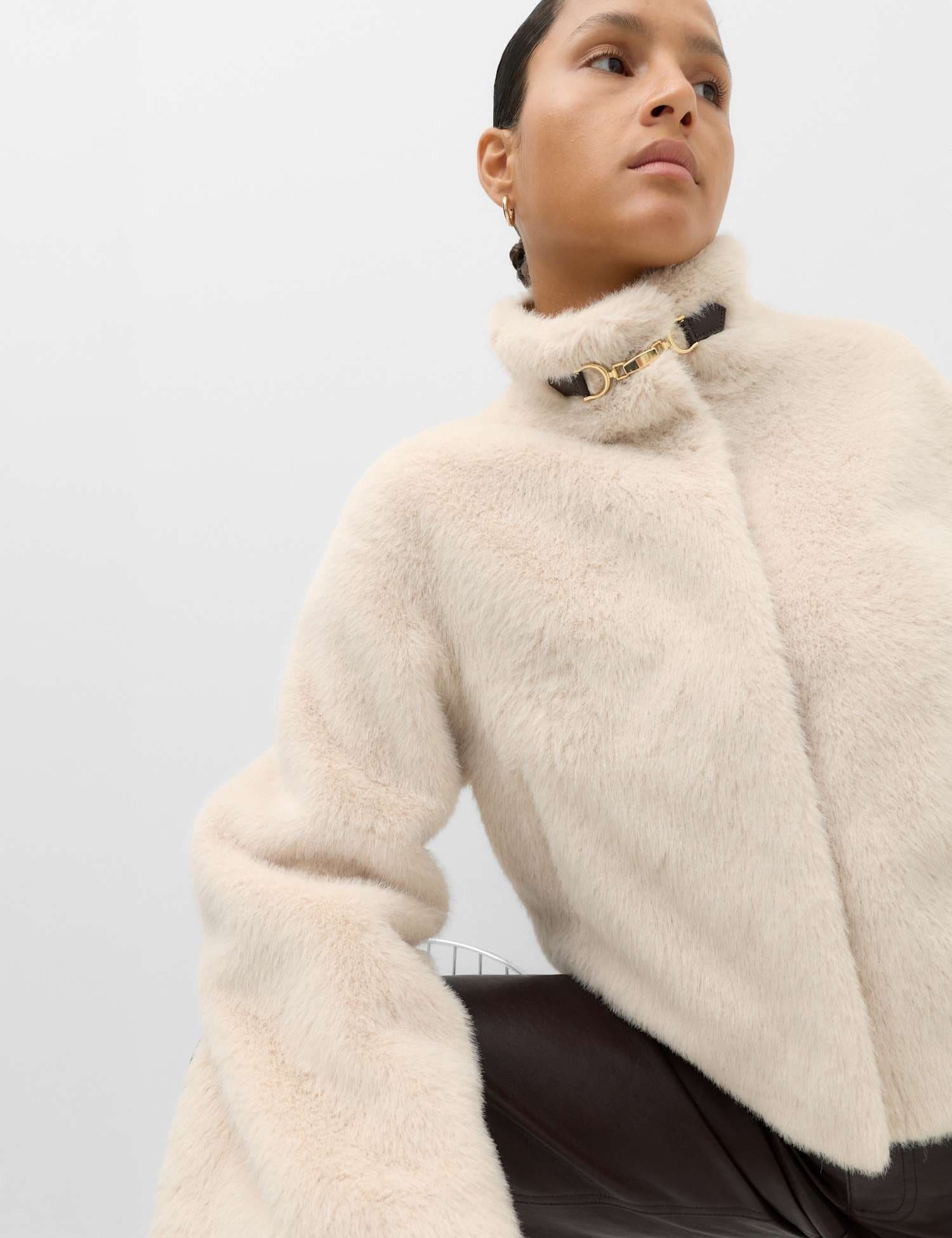 Marks & Spencer M&S Faux Fur Funnel Neck Cropped Jacket Beige
