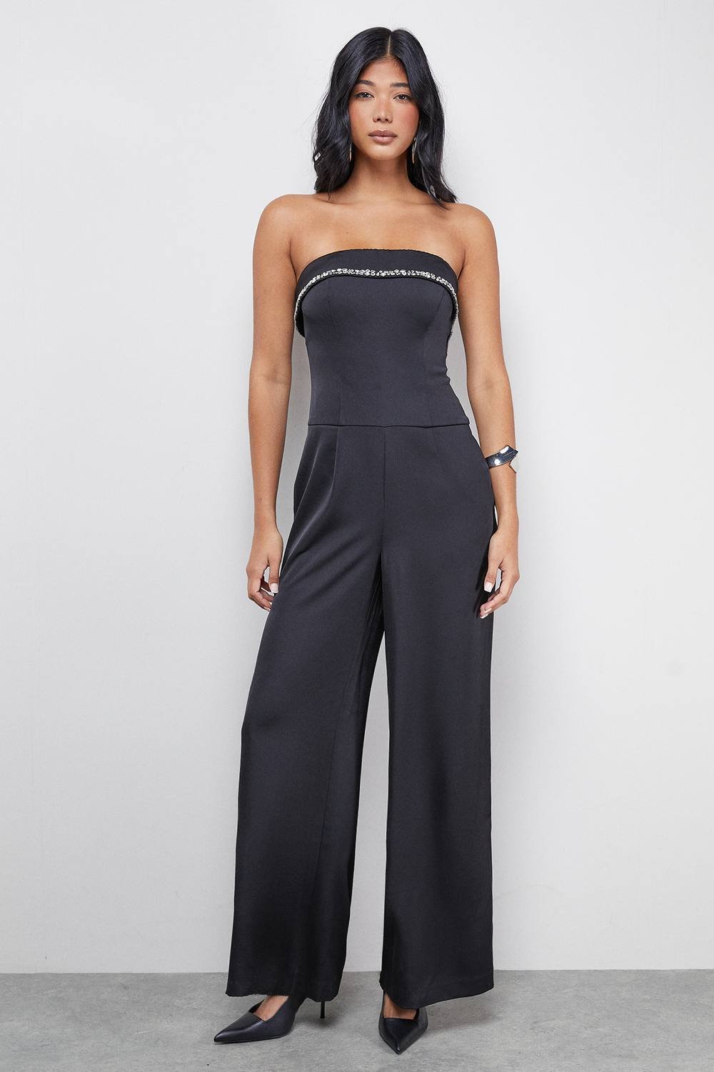Warehouse Warehouse Women's Gem Embellished Satin Bandeau Jumpsuit in Black - 2