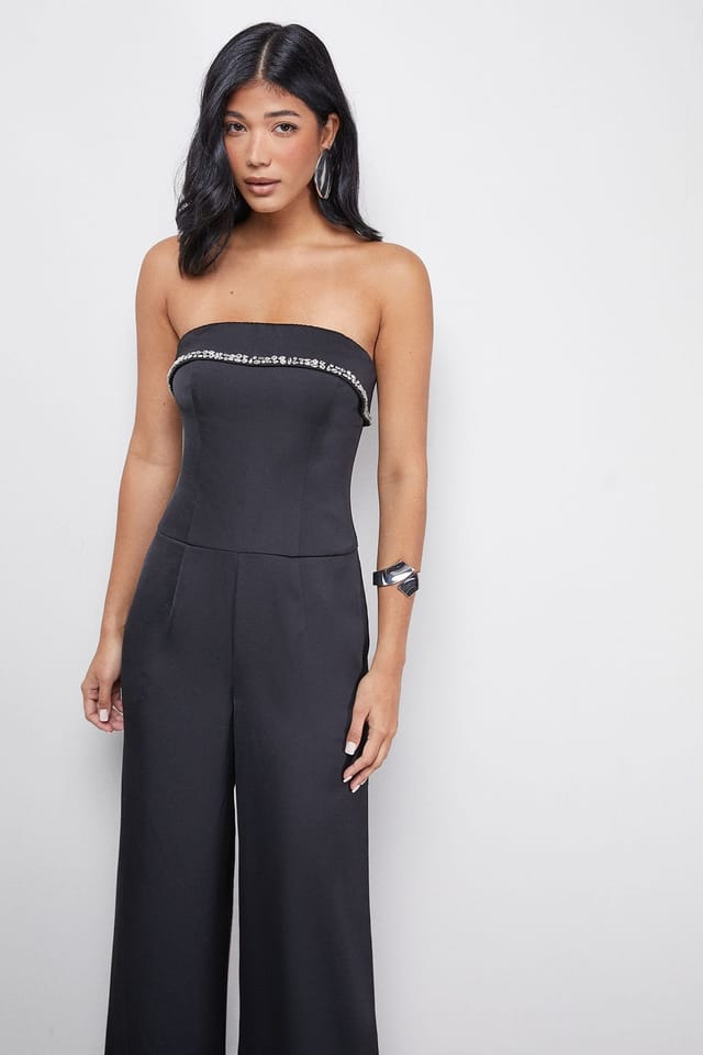Warehouse Warehouse Women's Gem Embellished Satin Bandeau Jumpsuit in Black - 2