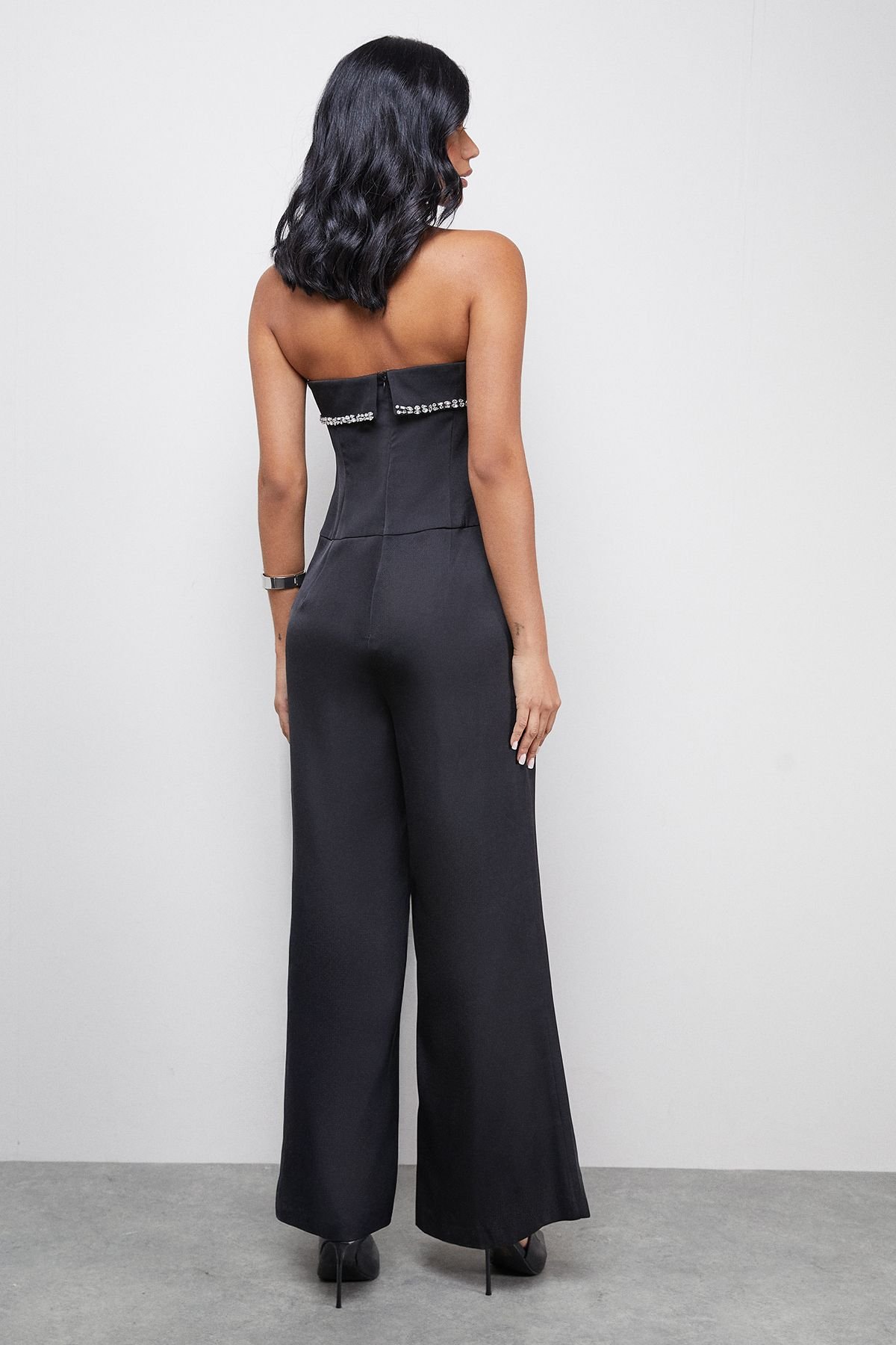 Warehouse Warehouse Women's Gem Embellished Satin Bandeau Jumpsuit in Black - 3