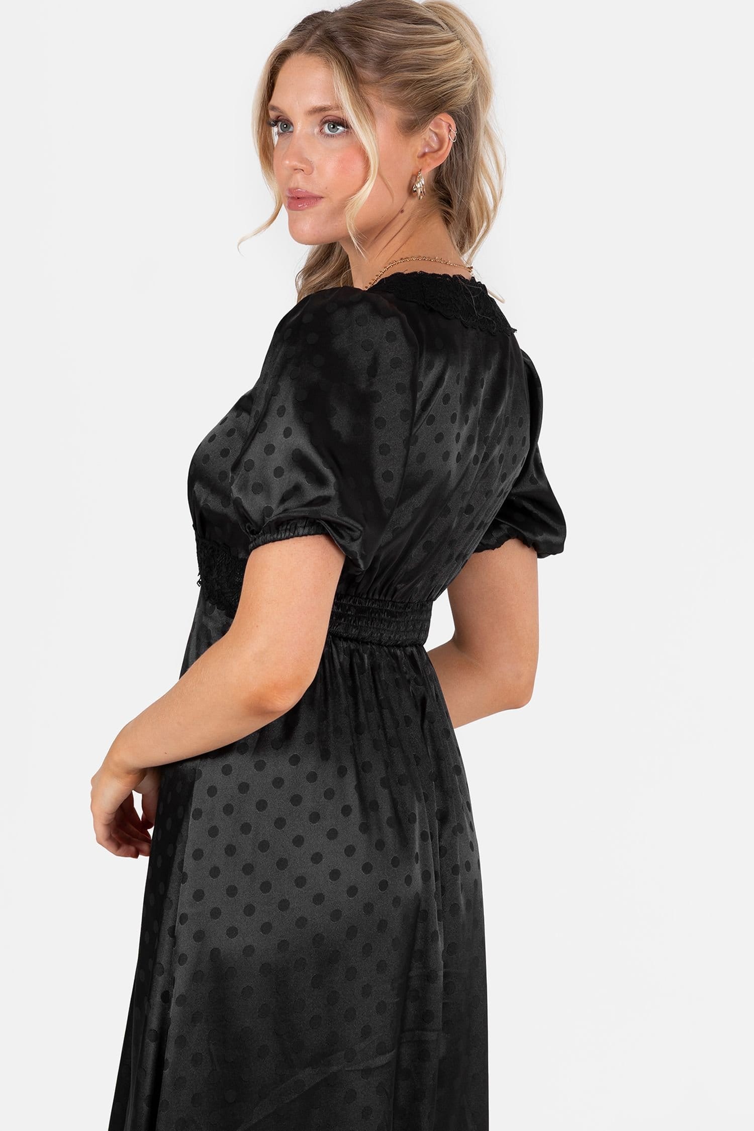 Lovedrobe Lovedrobe Women's Polka Dot Short Sleeve V Neck Midaxi Dress in Black - 4