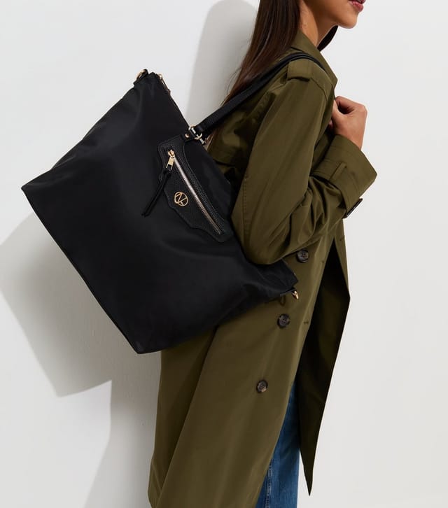 New Look Black Faux Leather Logo Plaque Front Pocket Tote Bag Vegan New Look - 2