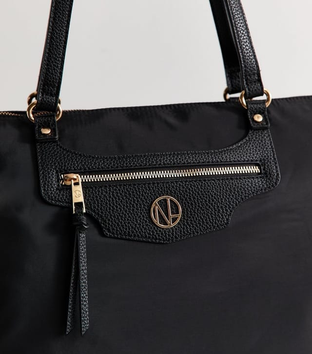New Look Black Faux Leather Logo Plaque Front Pocket Tote Bag Vegan New Look - 3