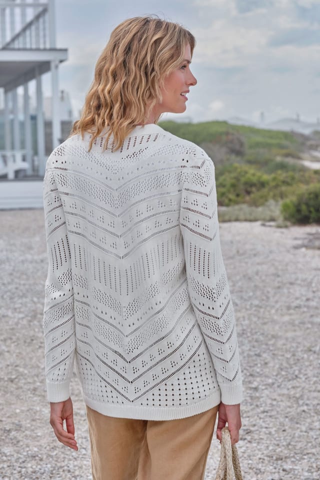 WoolOvers WoolOvers Women's Longline Edge To Edge Pointelle Cardigan in Cream - 3