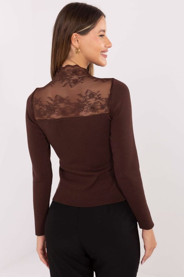 Love Lace Love Lace Women's Fitted Long Sleeve Lace Turtleneck Blouse in Brown - 3