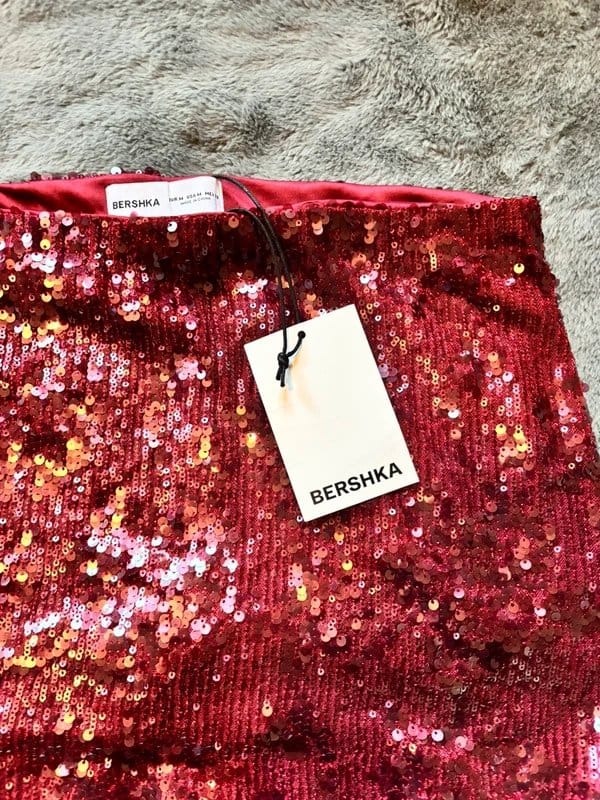 Bershka Burgundy Sequin Mini Skirt with Built-In Shorts