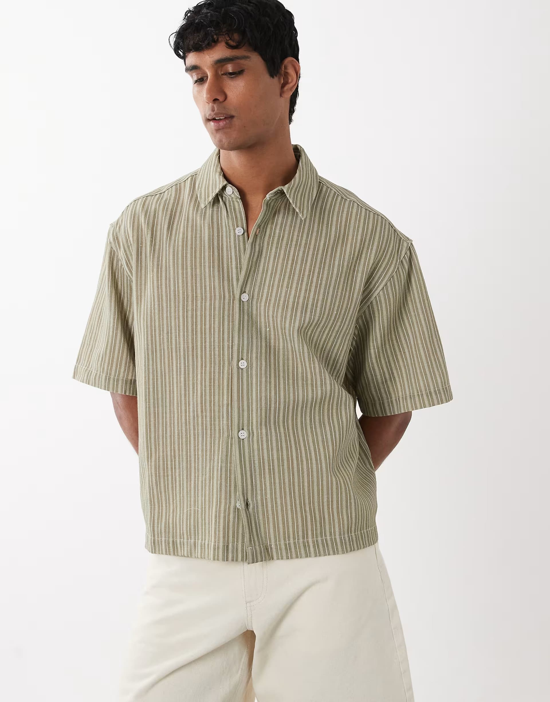 ASOS ASOS DESIGN boxy oversized linen look stripe shirt in khaki