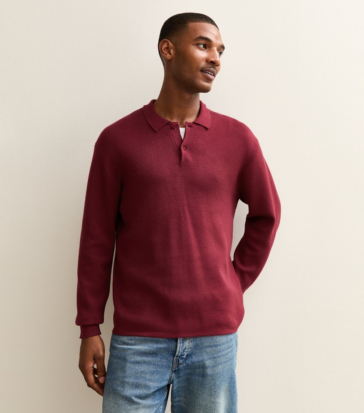 New Look Men's Dark Burgundy Relaxed Fit Long Sleeve Button Polo Shirt New Look - 2