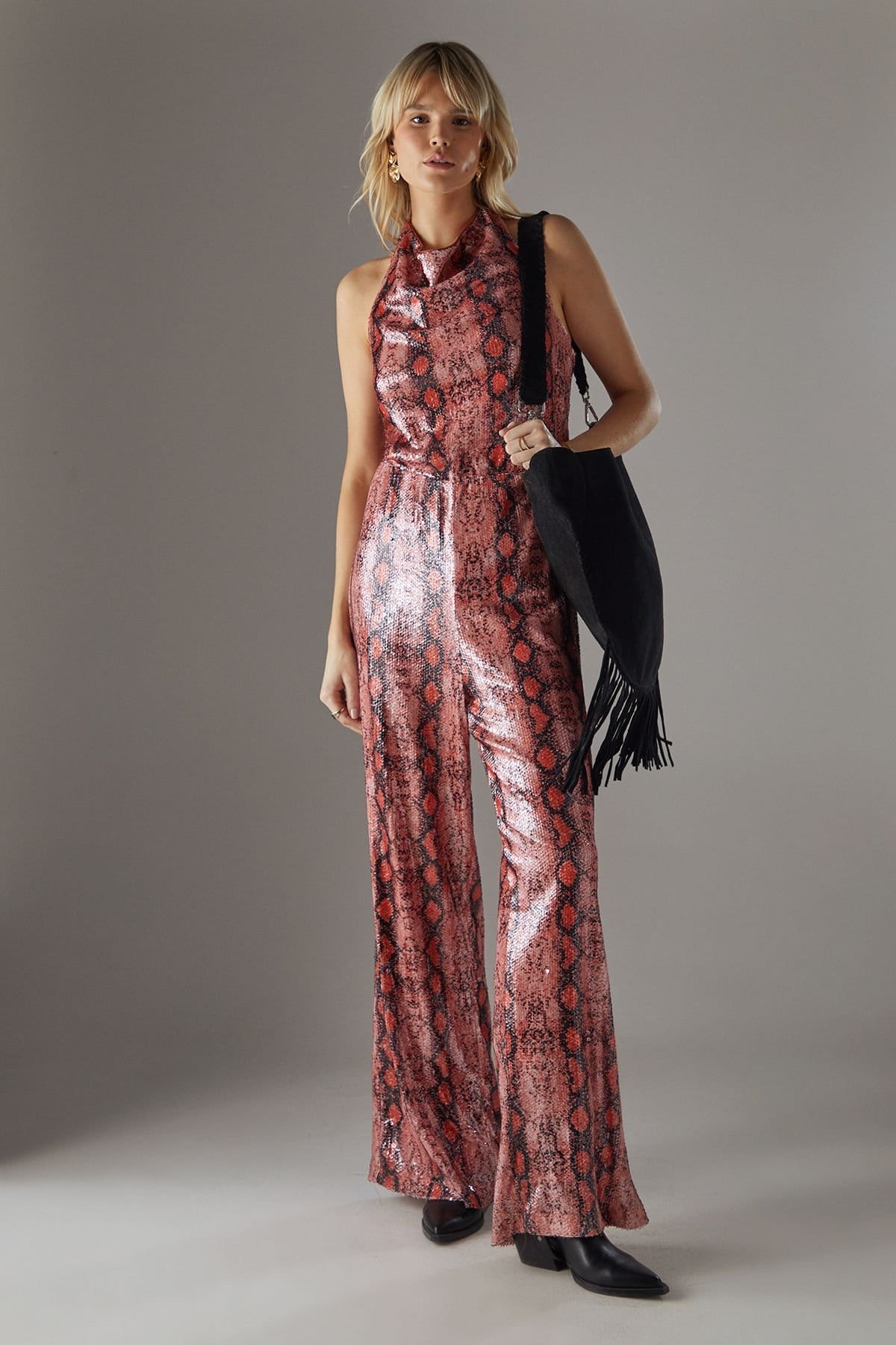 Warehouse Warehouse Women's Snake Sequin Cowl Neck Drop Waist Jumpsuit in Orange - 1