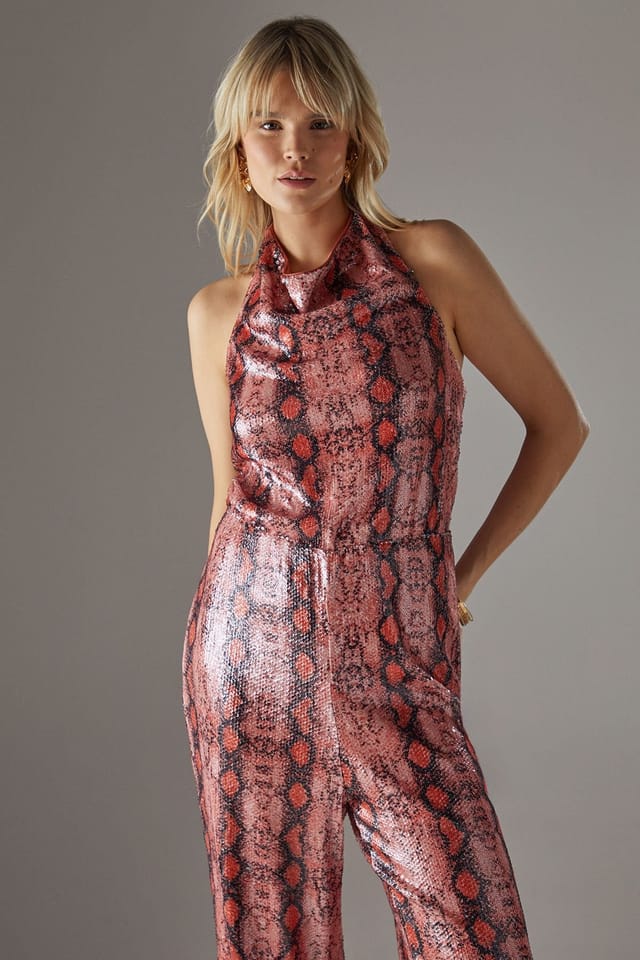 Warehouse Warehouse Women's Snake Sequin Cowl Neck Drop Waist Jumpsuit in Orange - 2