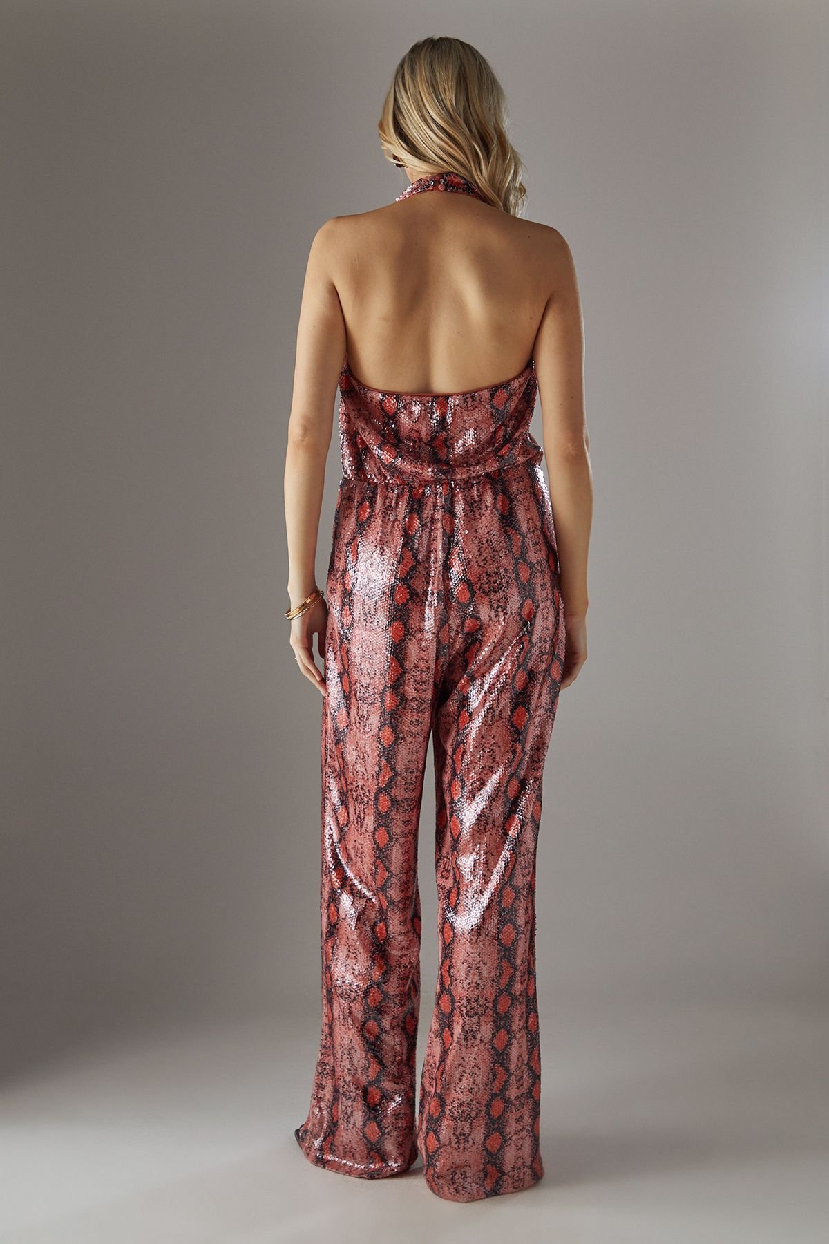 Warehouse Warehouse Women's Snake Sequin Cowl Neck Drop Waist Jumpsuit in Orange - 4