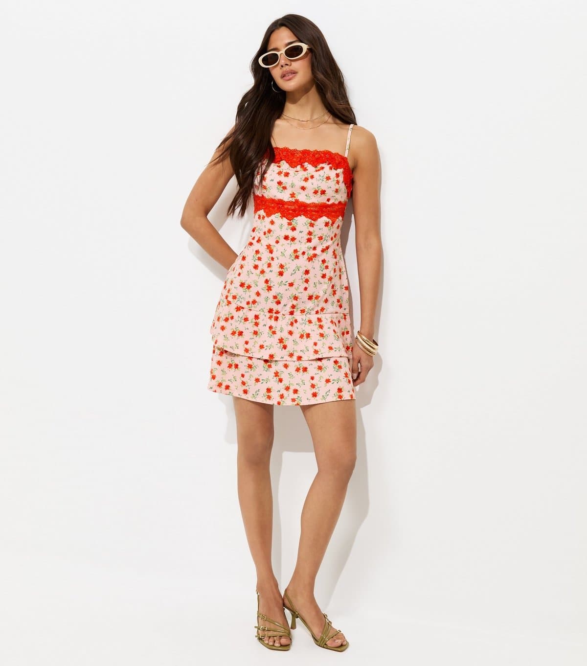 New Look Women's Pink Crinkle Texture Floral Print Lace Trim Strappy Mini Dress New Look
