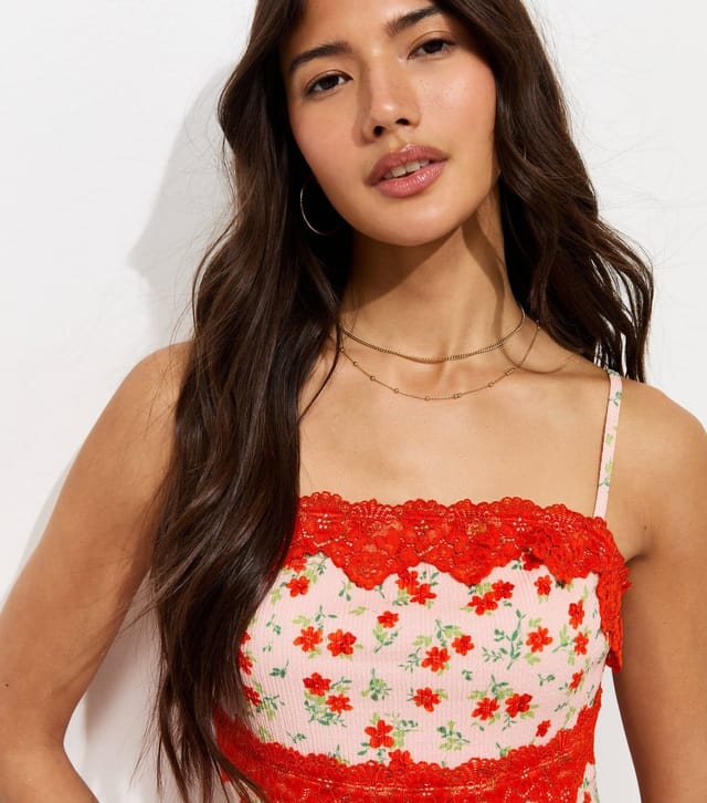 New Look Women's Pink Crinkle Texture Floral Print Lace Trim Strappy Mini Dress New Look - 2