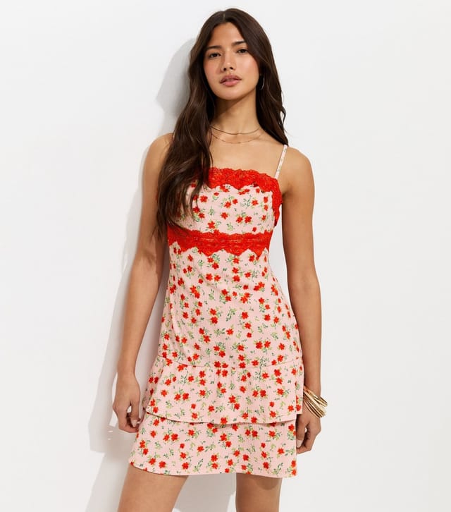 New Look Women's Pink Crinkle Texture Floral Print Lace Trim Strappy Mini Dress New Look - 3