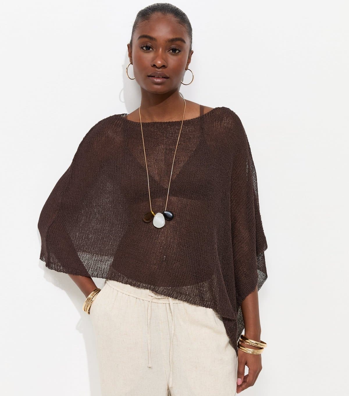 New Look Women's Dark Brown Knitted Poncho New Look