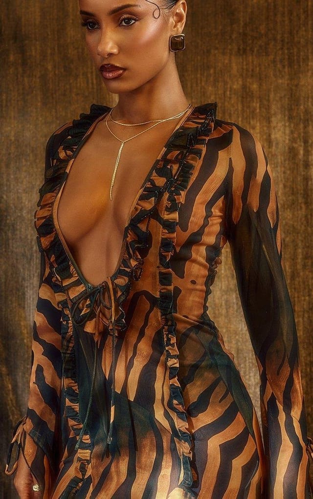 EGO Long Sleeve Frill Detail Tie Front Mini Beach Dress In Abstract Animal Print, Women's Size UK 6 - 2